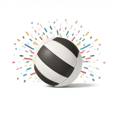 A volleyball, primarily white with black panels, is depicted just as it makes contact with a surface. The ball is surrounded by a dynamic explosion of colorful confetti that bursts outward in a myriad of vibrant hues such as red, blue, yellow, and green. Shimmering pieces of confetti are suspended in mid-air, catching the light, and creating a festive atmosphere. The scene emphasizes the moment of impact, showcasing the texture of the volleyball and the lively dispersion of the confetti.