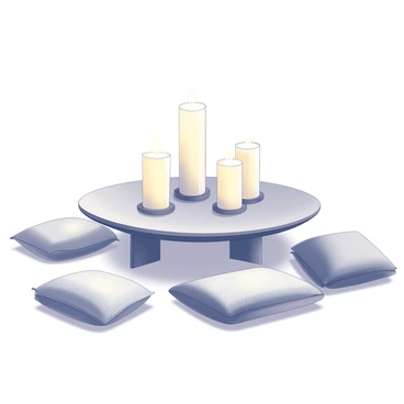 A meditation space featuring a variety of candles placed on a low wooden table. Around the table, there are soft cushions scattered on the floor, inviting comfort and relaxation. The area is arranged to create an intimate atmosphere, with gentle lighting highlighting the contours of the cushions and the warm glow of the candles. The space is free of clutter, emphasizing simplicity and focus, ideal for meditation.