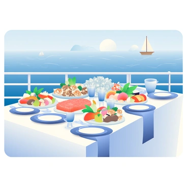 A large, elegantly set table is placed on the deck of a boat, adorned with a white tablecloth and matching napkins. The table features an array of seafood delicacies, including a large, ice-filled platter with freshly shucked oysters, shrimp cocktail, and colorful sushi rolls. Surrounding the table are pristine blue plates and crystal glassware, reflecting the sunlight. The background showcases calm, blue waters with gentle waves and a clear sky. In the distance, a few sailboats can be seen gracefully gliding across the horizon. The scene captures the essence of a unique catering experience on the water, inviting guests to enjoy their meal while taking in the beautiful sea views.