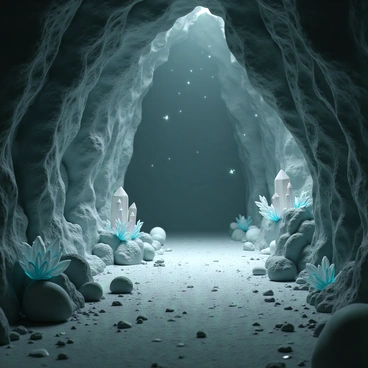 A cavern with high, rugged walls, featuring intricate gypsum crystals that glisten softly in the ambient light. The crystals are various sizes and shapes, protruding from the rocky surfaces, some resembling delicate flowers. The ground is uneven, covered with scattered pebbles and patches of moist earth. There are faint reflections of light bouncing off the crystals, creating a shimmering effect throughout the cavern. The atmosphere is cool and damp, with hints of mineral scents filling the air. Shadows dance along the walls, enhancing the depth and mystery of the scene.