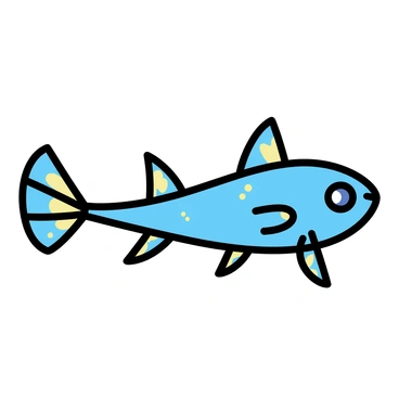 A fantastical fish creature with an elongated body covered in shimmering bioluminescent scales. The scales emit a soft glow in shades of blue and green. The creature has multiple fins of varying sizes, each displaying intricate patterns. Its large eyes reflect a vibrant light, enhancing its otherworldly appearance. The fins are positioned along its back, tail, and sides, creating a graceful silhouette as it swims through the water.