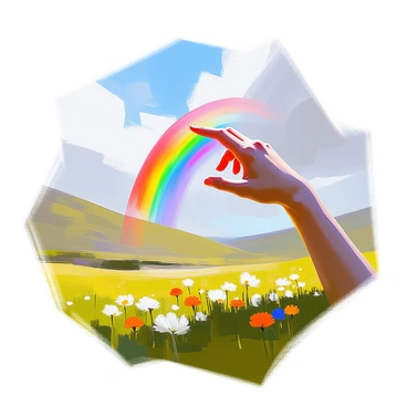 A human hand, with a light skin tone and slender fingers, is gracefully arcing over a tranquil green valley, creating a vivid rainbow. The valley is lush and filled with various shades of green grass and scattered wildflowers, and the sky above is a clear blue, contrasting the vibrant colors of the rainbow. The hand is positioned slightly above the landscape, with fingers slightly curled to enhance the formation of the rainbow, which displays a seamless transition of colors from red to violet. The overall composition captures a sense of harmony between the hand and the natural beauty of the valley below.