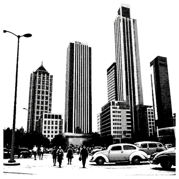 A cityscape is depicted with several mid-century modern skyscrapers that have clean lines and geometric shapes. The buildings feature large glass windows and concrete facades. Below the skyscrapers, the streets are bustling with activity, showing numerous people walking, some of them carrying briefcases or shopping bags. There are several vintage cars parked along the street, adding to the mid-century vibe of the scene. Streetlights are positioned along the sidewalks, illuminating the area as people go about their day.