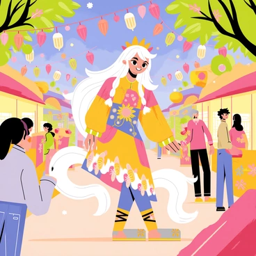 Ahri, a character with long, flowing white hair and nine bushy tails, is participating in a vibrant magical festival. The scene is filled with a multitude of colorful lanterns in various shapes and sizes hanging from trees and floating in the air. Surrounding her are festive decorations, including ribbons and flowers, enhancing the celebratory atmosphere. Ahri is wearing a brightly colored outfit adorned with intricate patterns, and her expression is joyful as she interacts with festival-goers. Brightly lit stalls selling various magical items and treats are visible in the background, completing the enchanting scene.