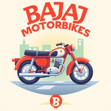 A vintage advertisement poster featuring a classic Bajaj motorbike prominently displayed in the center. The motorbike is painted in a glossy red finish with chrome details, showcasing its sleek design and shiny wheels. Surrounding the motorbike are vintage elements, such as art deco typography that reads "Bajaj Motorbikes" in bold, stylized lettering. The background features a soft gradient of warm colors, evoking a nostalgic feel, with subtle outlines of retro city buildings and a winding road. In the bottom corner, there is a small logo of Bajaj, adding to the authenticity of the advertisement.