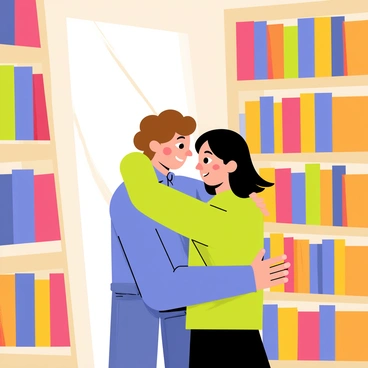 Two friends hugging in a cozy corner of a library. The library features tall bookshelves filled with colorful books in various sizes, creating a warm atmosphere. Soft rays of light filter through a nearby window, casting gentle shadows. One friend has curly brown hair, wearing a blue sweater, while the other has straight black hair, dressed in a green shirt. They are smiling at each other, showing a deep sense of friendship amidst the vast collection of books.