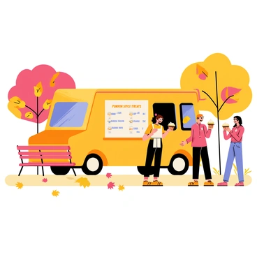 A colorful food truck with a bright orange exterior is parked on a path in a park surrounded by trees with vibrant autumn leaves in shades of red, yellow, and orange. The truck has a large menu board displaying various "pumpkin spice treats" in playful lettering. A cheerful vendor in an apron is serving a line of eager customers, some holding warm drinks, while others are enjoying pastries topped with whipped cream. The ground is covered in fallen leaves, and there are benches nearby where people sit, enjoying their seasonal snacks.