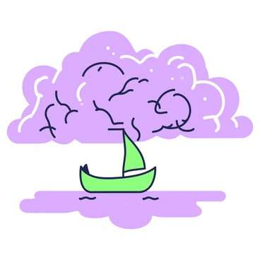 A boat is gently rocking on a calm sea. The boat has a simple design with a smooth hull and a small sail that is furled. The water is still, reflecting the boat's shape. Above, a stormy sky dominates the scene, filled with dark, swirling clouds that create a sense of movement. The clouds vary in size and shape, some appearing more ominous than others. The overall atmosphere suggests the impending change in weather, while the calm sea remains in contrast to the sky above.