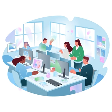 An illustration department office filled with artists engaged in their work. Several artists are sitting at desks covered with sketches, art supplies, and computer monitors displaying vibrant illustrations. One artist, wearing a blue shirt, is focused on painting digitally, while another artist, dressed in a green sweater, is discussing ideas with a colleague standing beside them. On the walls, various framed illustrations and posters of past projects are displayed, adding color to the environment. Natural light pours in through large windows, illuminating the creative atmosphere.