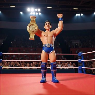 A wrestler with a muscular build and short black hair stands in a wrestling ring. He is wearing a tight-fitting blue and silver outfit with matching boots. In his hands, he proudly holds up a large gold champion belt adorned with intricate details and a prominent centerpiece. The arena is filled with cheering fans, and the bright lights of the venue shine down on him, highlighting the wrestler's triumphant expression. The canvas of the ring is red, and there are ropes surrounding the area, adding to the atmosphere of celebration and victory.