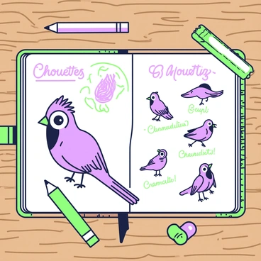 An open sketchbook is placed on a textured wooden surface. The pages of the sketchbook are filled with detailed drawings of various "chouettes," showcasing their distinct features. On the left page, there is a large drawing of a "chouette" with intricate feather patterns and large, expressive eyes. Next to it, a smaller sketch depicts a "chouette" in a playful pose, with its wings slightly spread. On the right page, multiple smaller drawings of "chouettes" fill the space, each showing different angles and expressions, along with captions written in elegant cursive. Pencils and erasers are scattered around the sketchbook, adding to the creative atmosphere.