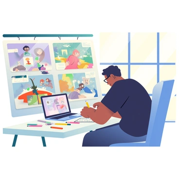 A storyboard artist with medium skin and short, dark hair is seated at a large drafting table, sketching frames for an animated film. The artist is wearing a black shirt and glasses, focused on a series of drawings that depict dynamic scenes featuring characters in action. Various pencils and markers are scattered across the table, along with a laptop displaying animation software. Behind the artist, a wall is covered with colorful concept art and sketches of characters and backgrounds. Light streams in from a nearby window, illuminating the workspace filled with creativity and artistic energy.