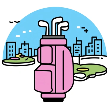 A sleek, modern golf bag, featuring a vibrant red exterior and multiple compartments, stands upright on a rooftop mini-golf course. The golf bag is filled with shiny, metallic clubs peeking out at the top. In the background, a panoramic city skyline showcases tall buildings and skyscrapers under a clear blue sky. The mini-golf course is designed with colorful artificial greens and playful obstacles, creating a unique contrast to the urban setting.