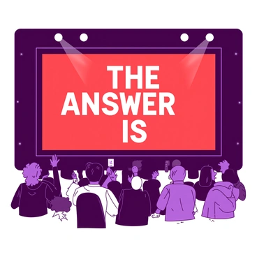 A large electronic display shows the words "The Answer Is" in bold letters. The background of the display is a deep red, creating a striking contrast with the letters, which are in bright white. Surrounding the display are excited spectators with their expressions filled with anticipation. Bright lights illuminate the scene, adding to the dramatic effect of the reveal. The atmosphere is charged with energy as everyone's eyes are fixed on the screen, waiting for the final answer to be confirmed.