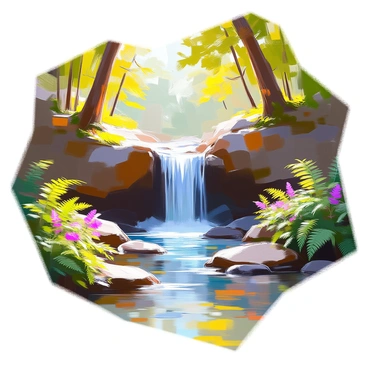 A gentle waterfall cascading down smooth rocks into a clear, tranquil pool of water. The waterfall creates a soft mist that hangs in the air, catching the light. Surrounding the pool, dense forest greenery thrives, with tall trees framing the scene and lush ferns and vibrant plants growing along the water's edge. Sunlight filters through the leaves, creating dappled patterns on the ground. The atmosphere is peaceful, with the sound of water flowing filling the air.
