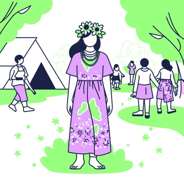 A bohemian festival-goer is standing amidst a lively atmosphere. She has long, flowing hair adorned with a "vibrant flower crown" made of "sunflowers and daisies." She is wearing a loose, colorful dress that features intricate patterns, and her feet are bare on the grass. Around her neck, she has layered necklaces made of beads. In the background, there are other festival-goers and tents set up, contributing to the festive vibe. The sunlight filters through the trees, creating dappled light around her.