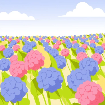 An expansive field filled with rows of blooming hydrangeas swaying in the breeze