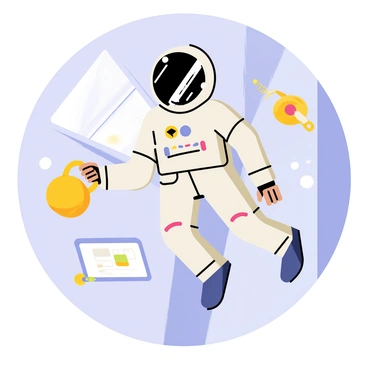 An astronaut wearing a white space suit is floating inside a spacecraft, holding a yellow kettlebell. The spacecraft features a control panel with colorful buttons and screens in the background. The astronaut's helmet reflects the interior of the spacecraft, and there are various floating tools and equipment around them, illustrating the zero gravity environment. Sunlight streams through a window, casting soft shadows on the walls.