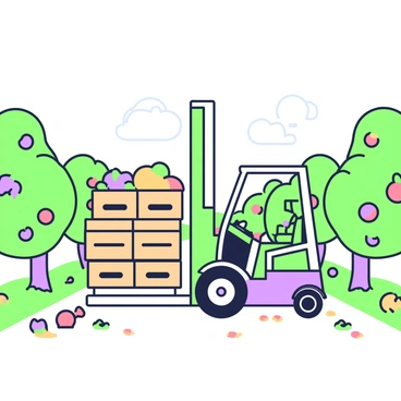 A forklift is positioned in the center of an orchard, loaded with wooden crates filled with freshly harvested fruits. The crates are stacked high, and some fruits, like apples and oranges, are partially visible, showing their vibrant colors. The forklift has a green outline and features a tall mast that supports the load. Surrounding the forklift, rows of fruit trees extend in both directions, their branches laden with ripe fruits. The ground is a mix of grass and dirt, with scattered fallen fruits beneath the trees. In the background, a clear sky can be seen above the orchard, completing the scene.