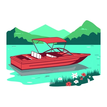 A red pontoon boat is gently floating on a teal lake. The water is calm, reflecting the surrounding scenery. Lush green hills are visible in the background, creating a natural frame around the scene. The sun is shining, casting soft light on the boat and water. In the foreground, there are a few colorful flowers along the shoreline, adding vibrancy to the serene environment. The boat is equipped with several comfortable seats and a small canopy, inviting relaxation.