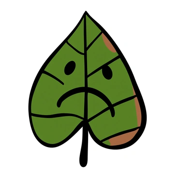 Close-up of a wilted leaf with a textured surface showing a sad face. The leaf is a dull green with brown edges, and the face is formed by darker veins and patterns on the leaf, creating a forlorn expression. The background is softly blurred, emphasizing the leaf's details and the emotion it conveys.