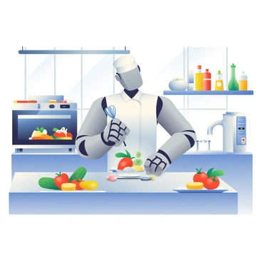 A robot chef with a sleek silver design is skillfully preparing a gourmet meal in a high-end restaurant kitchen. The robot has articulated arms, equipped with various cooking utensils like a whisk and a spatula. In front of the robot, a large stainless steel countertop is adorned with vibrant vegetables, including red bell peppers, green zucchinis, and yellow cherry tomatoes. Above the countertop, modern appliances such as a high-tech oven and a sous-vide machine are visible. The background features polished metal shelves stocked with an array of spices and cooking oils, and large windows allow bright, natural light to illuminate the kitchen. A neatly plated dish with artistic presentation rests on the counter, showcasing the culinary creation of the robot chef.