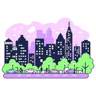 A cityscape is visible at dusk, showcasing a skyline filled with various skyscrapers. The buildings are of different heights and designs, reflecting the urban environment. Flashes of light can be seen from the windows on each floor, creating a lively atmosphere. Street lamps illuminate the streets below, casting a soft glow on the sidewalks. In the foreground, a street is lined with parked cars, and people are walking along the walkways, adding to the scene. The sky above transitions from a light hue to darker shades as night approaches.