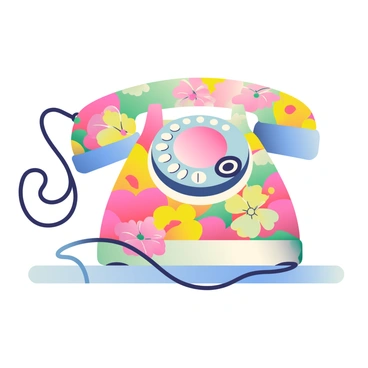A vintage telephone is prominently displayed in the center of the image. The telephone features intricate floral designs in a variety of bright colors, including pink, yellow, and blue. Each flower is detailed, with visible petals and leaves surrounding the body of the telephone. The receiver is adorned with swirls and additional smaller floral motifs. The telephone cord is coiled and elegantly draped, adding to the overall vibrant appearance. The background consists of soft gradient tones that complement the bright colors of the telephone.