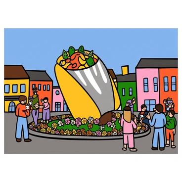 A monumental sculpture of a burrito is prominently displayed in the center of a bustling town square. The burrito is oversized and appears wrapped in shiny foil, showcasing colorful ingredients peeking out from the top. Surrounding the sculpture, there are vibrant flowerbeds with blooming plants that add a lively touch to the scene. People of various ages and backgrounds gather around the sculpture, some taking photos while others admire its detailed design. In the background, charming buildings with colorful facades create a warm town atmosphere under a clear blue sky.