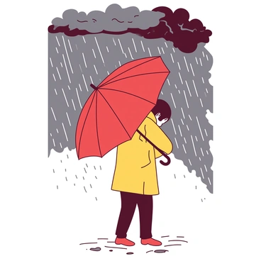 A person is standing under a red umbrella, which is tilting slightly due to the strong winds of the storm. The umbrella is open wide, fully protecting the individual from the heavy rain pouring down around them. The rain creates a curtain of water droplets that splashes against the ground, forming small puddles. The person, dressed in a yellow raincoat, has their head slightly bowed to shield their face from the elements. The scene captures the intensity of the storm with dark, swirling clouds overhead.