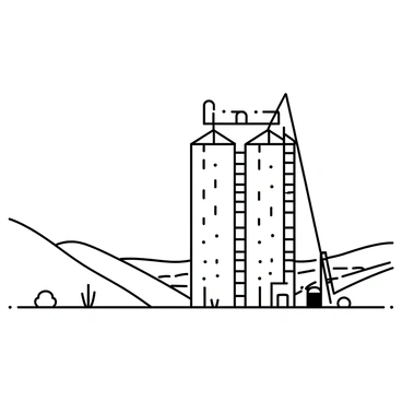 A pair of tall grain silos rising prominently in the foreground. The silos are cylindrical with a textured surface, showing details such as rivets and access ladders. In the background, rolling hills stretch into the distance, with gentle slopes and varying heights. The landscape features sparse vegetation, enhancing the dominance of the silos against the expansive backdrop. The sky above is clear, emphasizing the height of the silos against the horizon.