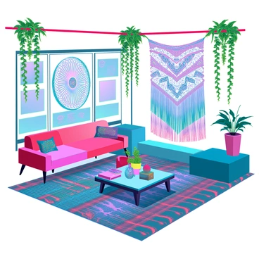 A vibrant 3D bohemian room filled with colorful textiles that cover the floor and drape over furniture. There are multiple hanging plants with lush green foliage suspended from the ceiling, adding a touch of nature to the space. A large macramé wall hanging, intricately woven with various patterns, is displayed prominently on one wall, showcasing its elaborate design. The room is furnished with eclectic furniture pieces, including a low coffee table and a cozy, oversized couch adorned with patterned cushions. Sunlight filters through a nearby window, illuminating the rich textures and colors throughout the room.