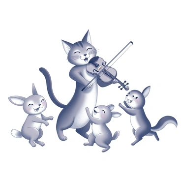 A cat with sleek fur is standing on its hind legs, holding a fiddle with its right paw while drawing a bow across the strings with its left paw. The cat's ears are perked up, conveying concentration and joy as it plays. Surrounding the cat are various animals, including a dog with a wagging tail, a rabbit hopping playfully, and a squirrel with its paws clapping. These animals are engaged in a lively dance, each showing expressions of delight. The scene is filled with movement and energy, highlighting the playful interaction among the animals.