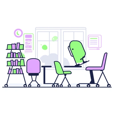 A classroom featuring several adjustable desks and chairs arranged neatly. In the center, a large adjustable desk is set to a higher level, surrounded by chairs of varying sizes. Each chair displays height adjustment mechanisms. To the left, a smaller desk is lowered to accommodate younger students, paired with a bright green chair. A bookshelf filled with colorful books is positioned against the wall, along with a whiteboard displaying notes and a schedule. Natural light filters in through a window, illuminating the workspace.