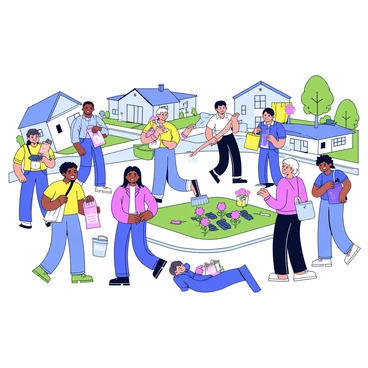 A vibrant muster of community members participating in a neighborhood clean-up
