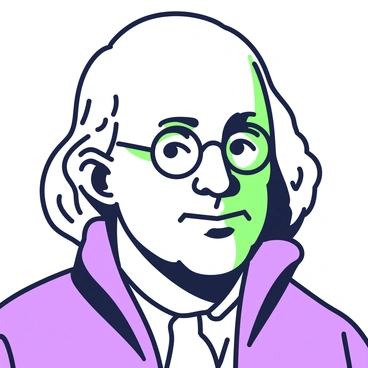 A close-up of Benjamin Franklin is presented, showcasing his facial features and expression. He is wearing his iconic bifocal glasses, which rest on the bridge of his nose. His hair is styled in a traditional manner, with wispy curls framing his face. The details of his clothing are visible, including a dark coat and a white cravat around his neck. His skin has an aged appearance, with fine lines that tell the story of his life. The background is softly blurred, allowing the focus to remain on Franklin's face and glasses.