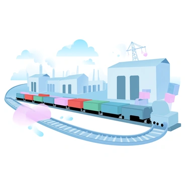 A long cargo train is hauling multiple colorful containers through an industrial area. The train has several cars lined up, each carrying containers of various sizes and colors. Surrounding the train are tall warehouses with large, open doors, and stacks of additional containers nearby. A backdrop of smokestacks and cranes is visible, with a clear blue sky overhead. The tracks extend into the distance, leading further into the industrial landscape.