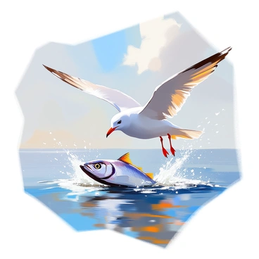 A seagull with white feathers and a grey head is swooping down over a shimmering ocean. The bird is focused and poised, with its wings spread wide to glide effortlessly above the water's surface. Below, a silver mackerel is breaking the surface, splashing as it attempts to escape the bird's grasp. The ocean waves are gently rippling, reflecting the sunlight in sparkling patterns. The sky above is clear with a few wispy clouds, completing the dynamic scene of the hunt.