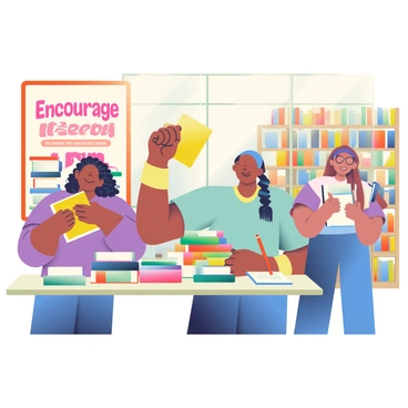 A group of activists is gathered in a local library, engaging in a book donation drive. They are sorting through a variety of colorful books, stacking them neatly on tables. One activist, with short curly hair and wearing a blue shirt, is holding up a bright yellow book and smiling, while another, with long braided hair and wearing glasses, writes down donations in a notebook. Nearby, a large poster on the wall reads "Encourage Literacy" in bold, eye-catching letters. The interior of the library has tall wooden shelves filled with books, and warm light filters through large windows, creating a welcoming atmosphere.