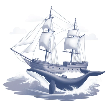 A wooden ship with tall sails is navigating through choppy waters. The ship's hull is intricately detailed with ropes and wooden planks. In the foreground, a giant whale breaches the ocean surface, sending up a massive spray of water. The whale's dark silhouette contrasts with the frothy white waves. The scene captures the dynamic interaction between the ship and the whale, with the ocean waves rising around them. The sky above is filled with clouds, adding depth to the atmosphere of this encounter.