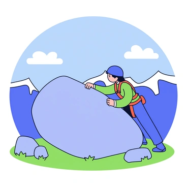 A climber in a bright orange climbing harness is positioned on a large boulder, gripping the rough surface with both hands. The climber wears a blue helmet and a green shirt, and looks focused as they prepare to ascend. In the background, there is a sweeping view of a mountain range with snow-capped peaks. The sky is clear blue with a few fluffy white clouds scattered throughout. The foreground features patches of green grass and small rocks surrounding the boulder.