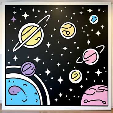 A large mural depicting a cosmic journey through a galaxy. There are swirling stars scattered throughout the scene, with various sizes and brightness. Several planets of different colors and patterns are positioned at different points in the galaxy. The overall composition showcases a sense of movement, as if the viewer is traveling through the galaxy among the celestial bodies. Each planet features distinct textures, and the stars shine brightly against a dark background.