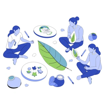 A group of illustrators is seen working outdoors, each focused on creating art on unconventional canvases such as leaves and stones. One illustrator carefully paints intricate designs on a large green leaf, using a fine brush to add delicate details. Another artist is sitting cross-legged on the ground, applying vibrant illustrations to a smooth, rounded stone with a set of colorful markers. Nearby, a third illustrator is holding a leaf up to the sunlight, admiring the way the light passes through the painted design. The scene is filled with a variety of leaves and stones, each showcasing unique artworks in progress. Various tools, such as brushes, markers, and paint pots, are scattered around, contributing to the creative atmosphere.