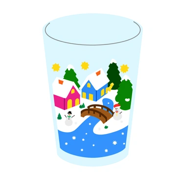 A clear shot glass filled with a miniature snowy village. The base of the glass features small artificial snowflakes covering the ground. Tiny houses with white rooftops and colorful walls are arranged within the glass, surrounded by miniature pine trees dusted with snow. A small wooden bridge crosses over a tiny stream made of blue resin, adding a whimsical touch. Delicate snowmen stand beside the houses, and a few twinkling lights are strung between the trees. The scene captures a cozy winter atmosphere, all contained within the shot glass.
