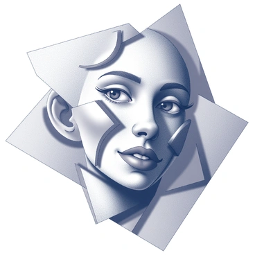 A portrait of a human face with fragmented and abstract facial features. The face is composed of multiple geometric shapes, creating an interplay of angles and planes. Various sections of the face, including the eyes, nose, and mouth, are represented in a disjointed manner, with some features appearing larger or smaller than usual. The background is filled with overlapping shapes that enhance the complexity of the composition, creating a sense of depth and dimension around the figure.
