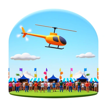 An RC helicopter in mid-flight, performing an aerial loop. The helicopter is brightly colored with a sleek design, showcasing its rotor blades spinning rapidly. Below, a crowd of spectators is gathered, watching with excitement as the helicopter maneuvers through the air. Colorful festival banners and tents can be seen in the background, adding to the festive atmosphere. The sky is clear with a few fluffy clouds, and the sunlight casts shadows on the ground, highlighting the action of the helicopter.