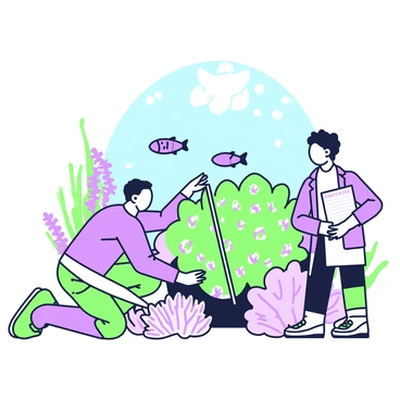 A group of scientists is underwater conducting a coral reef survey. One scientist is kneeling next to a vibrant coral formation, using a measuring tape to assess the size of the coral. Another scientist is holding a clipboard, documenting details about the coral health. Various types of coral are visible around them, showcasing intricate shapes and structures. In the background, a school of fish swims among the corals, adding movement to the scene. Sunlight filters through the water from above, illuminating the coral and creating a dynamic underwater environment.