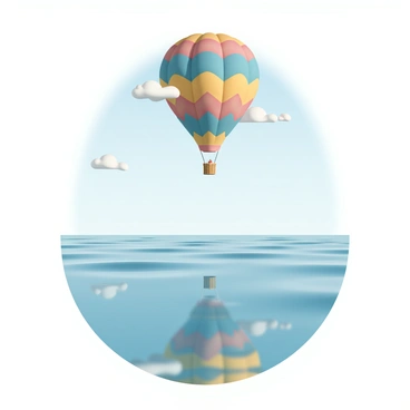 A colorful hot air balloon, featuring a vibrant pattern of red, yellow, and blue, is soaring high above the ocean. The balloon's basket, made of wicker, hangs below, with a small flame flickering from the burner. The clear, blue waters of the ocean stretch out below, perfectly mirroring the balloon's vivid colors and shapes. Gentle ripples disturb the surface, creating a sense of movement while maintaining the reflection's clarity. The sky above is bright blue with a few fluffy white clouds, enhancing the picturesque scene.