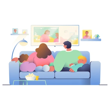 A family of four is gathered on a large, comfortable couch in a cozy living room. The parents are seated in the center, with the mother having long, dark hair and wearing a soft sweater, while the father has short, light hair and is dressed in a casual t-shirt. Two children flank their sides; a girl with curly brown hair and a boy with straight blonde hair, both in cozy pajamas. The room is warmly lit, with a floor lamp casting a soft glow. A large screen in front of them displays a movie scene, and there are fluffy cushions scattered around the couch. A bowl of popcorn is placed on the coffee table, and the walls are adorned with family photos, adding to the inviting atmosphere.