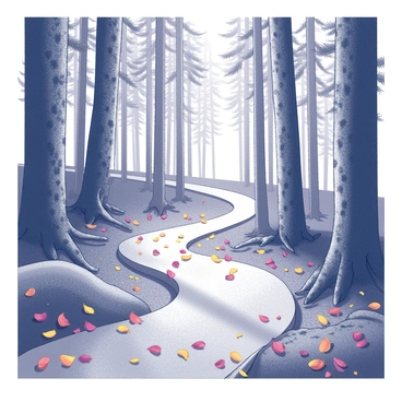 A winding path meanders through a dense forest. The ground is adorned with a variety of flower petals scattered along the path, creating a textured and intricate surface. Tall, slender trees rise on either side, their trunks marked with deep grooves. Sunlight filters through the leaves, casting dappled shadows on the ground. The atmosphere is vibrant, with the petals contrasting against the dark bark of the trees.